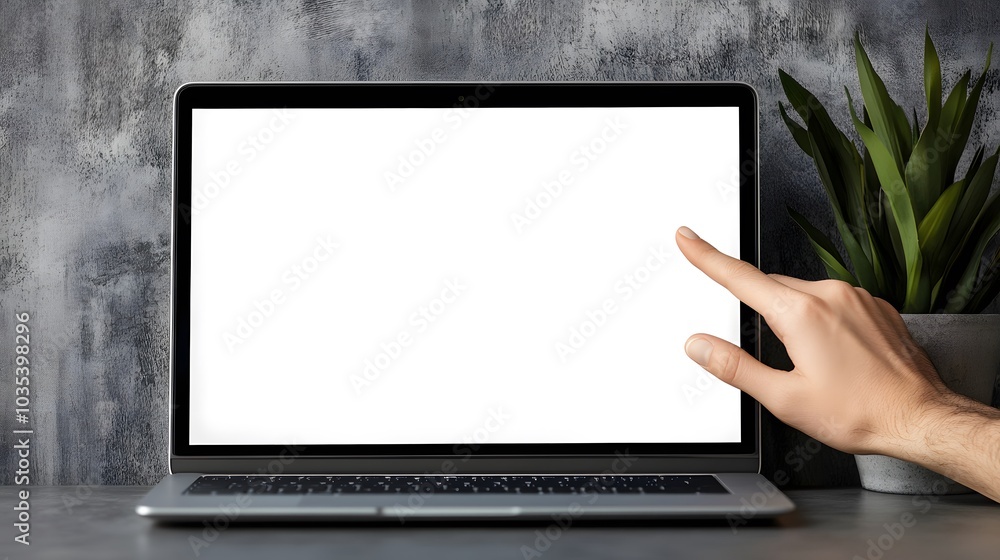 Poster a hand pointing at a laptop screen with a blank display