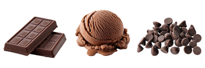 Chocolate bar  ice cream scoop  and chocolate chips transparent background