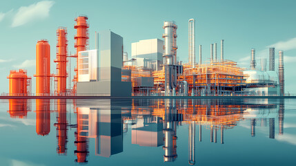 A horizontal banner with units for the oil industry. A 3D illustration of an architecture building based on imagination