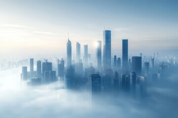 Fototapeta premium Misty dawn over a futuristic city skyline surrounded by clouds at sunrise