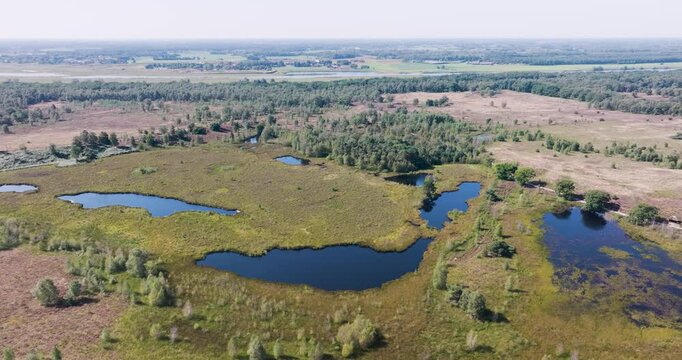 Aerial view of nature area De Hamert with fens, floating islands, and forest in national park Maasduinen, Wellerlooi, Netherlands.