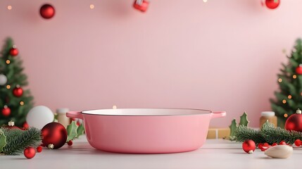 Festive pink cooking pot surrounded by holiday decorations