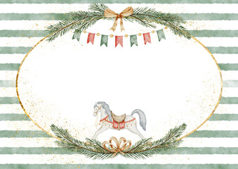 Watercolor Template for Baby Christmas greeting cards or childish New Year invitations. Illustration of Xmas Frame with rocking horse and sprues branches. drawing of Border for holiday postcards. © Alisles