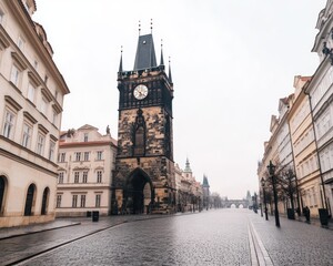Fototapeta premium A serene view of a historic clock tower surrounded by elegant architecture on a foggy day, showcasing the beauty of European urban landscapes.