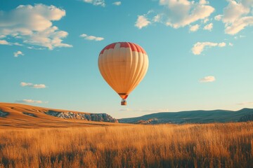 Obraz premium A vibrant hot air balloon floats over golden meadows against a bright, clear sky at sunset