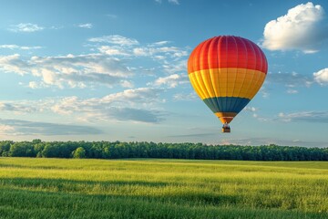Naklejka premium A vibrant hot air balloon gracefully glides over a lush green landscape at sunset