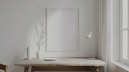 Fototapeta premium A minimalist home office with white walls and a wooden desk. The desk features a blank picture frame and a single elegant vase. Bright