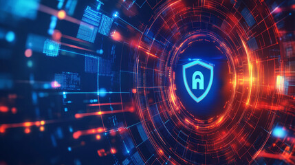 Fototapeta premium A 3D icon of a security shield logo, symbolizing protection, safety, and password security. This vector illustration represents concepts of internet privacy, cyber protection, and antivirus, emphasizi