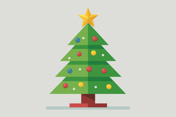 A Christmas tree with a star on top. The tree is decorated with many ornaments, including some that are red and blue