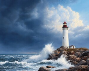 Obraz premium A majestic lighthouse stands on rocky shores, surrounded by crashing waves under a dramatic sky filled with dark clouds.