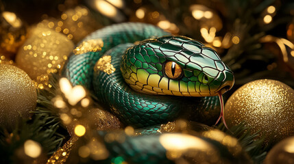 Fototapeta premium A green snake rests comfortably among shiny gold ornaments, blending with the festive decor during a cozy winter holiday gathering