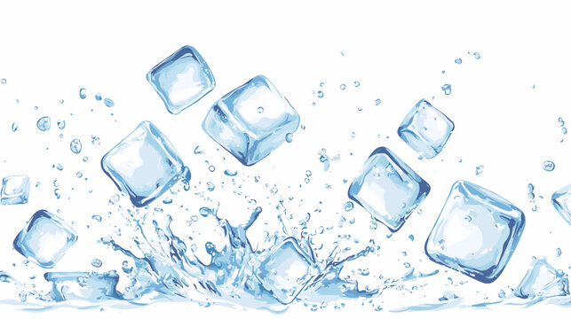 Ice cubes with water splash and drops. Cold mineral water, natural aqua or cocktail drink realistic vector splashes or frozen motion ripples with ice cubes. Refreshing beverage, soda isolated fizz