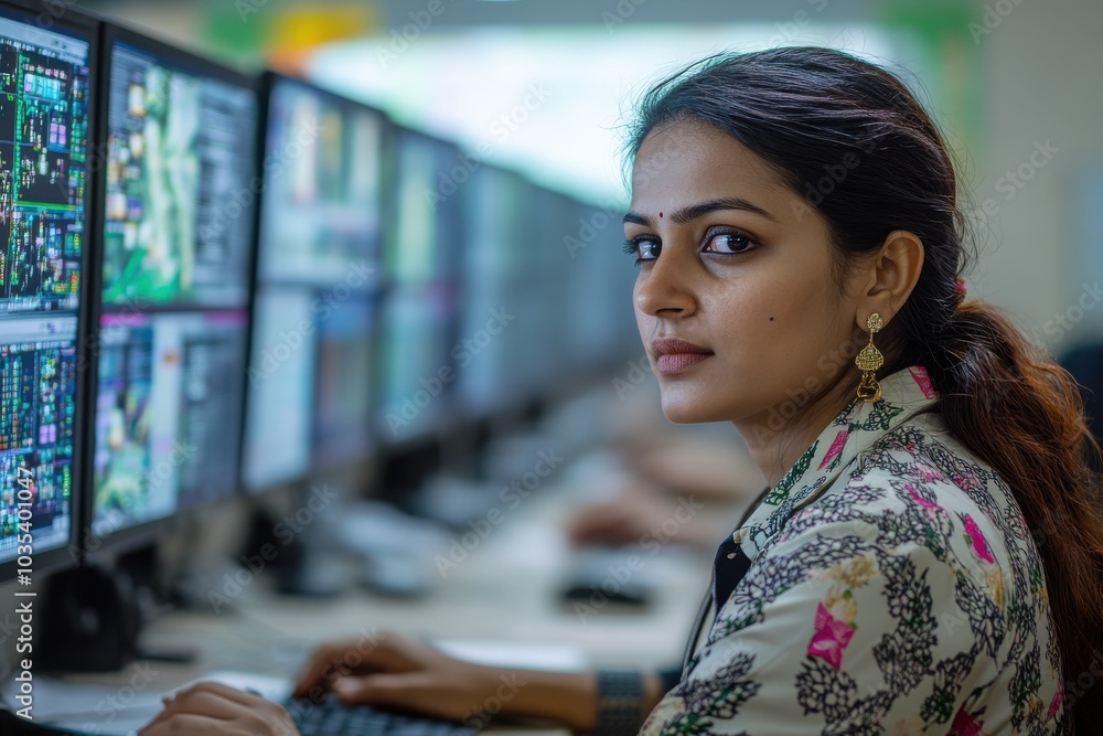Aufkleber focused woman analyzing data on multiple computer screens in a modern office environment