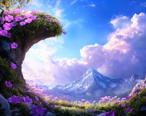 A vibrant landscape featuring a mountain backdrop, adorned with blooming pink flowers and a bright blue sky with fluffy clouds.