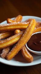 Churros with chocolate sauce on a wooden table. Selective focus
