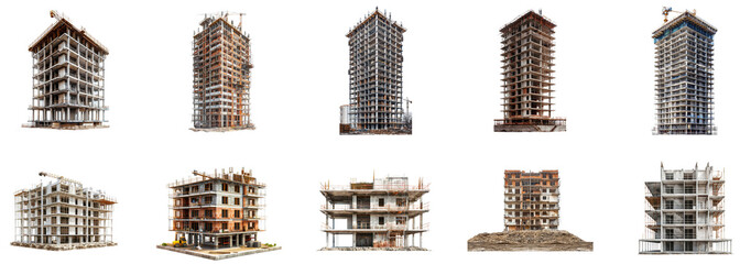 Construction progress of various buildings in an urban area. Set of png on transparent background