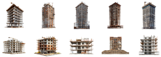Construction progress of various buildings in an urban area. Set of png on transparent background
