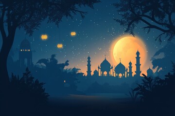 A mystical moonlit night at an enchanting palace with glowing lanterns and distant shadows