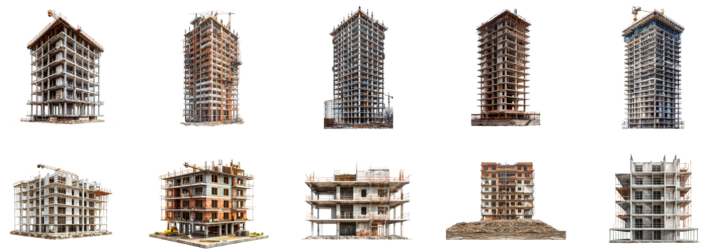 Construction progress of various buildings in an urban area. Set of png on transparent background - Powered by Adobe