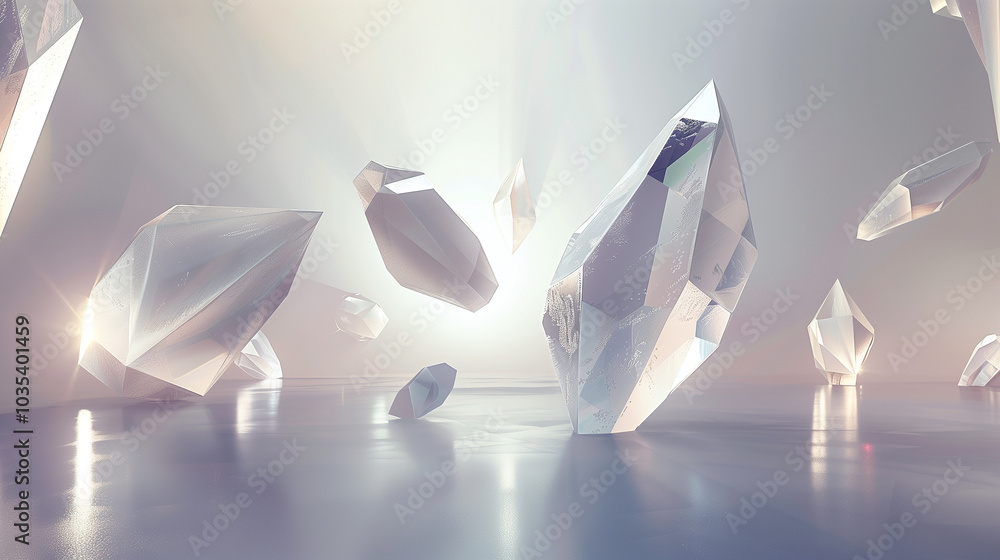 Poster Abstract background crystal-like structures floating in a minimalist scene.
