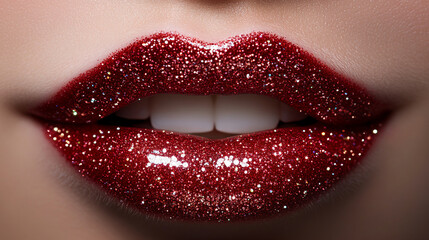 Fototapeta premium Close-Up of beautiful sparkling Glossy Red Lips with red glitter
