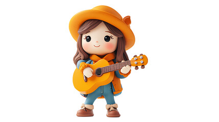 Cute kawaii funny music lover girl legged hugging yellow electric guitar with her hands. Lessons at school education. 3D cartoon render illustration isolated on cut out PNG or transparent background.