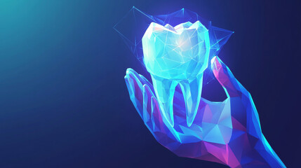Fototapeta premium Illustrate a dentist holding a tooth in their hands, designed in a futuristic polygonal style.