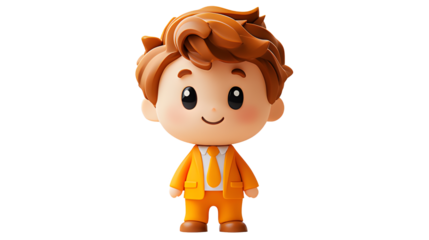 Male cartoon workers wear orange suit isolated on cut out PNG or transparent background. Happy Businessman in office clothes working on modern gadgets. 3D realistic character. Colorful illustration.