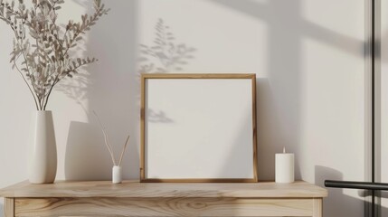 A minimalist home office with white walls and a wooden desk. The desk features a blank picture frame and a small lamp. Bright