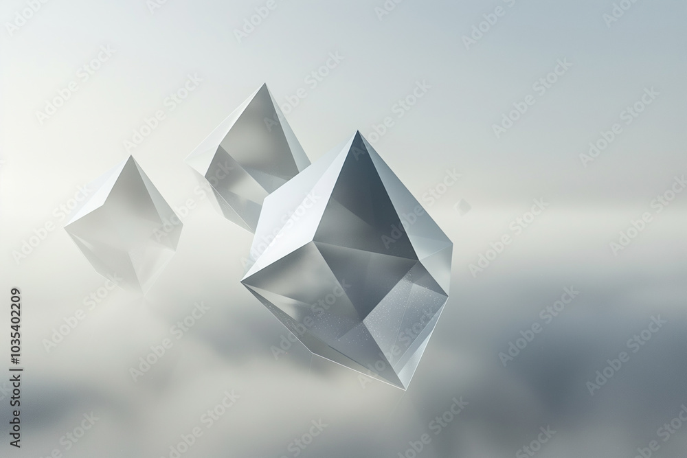 Poster abstract background crystal-like structures floating in a minimalist scene.