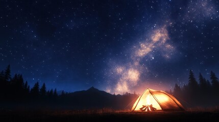 A serene nighttime camping scene featuring a glowing tent, surrounded by forest and under a starry sky with the Milky Way prominently displayed.