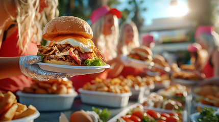Delicious burgers and crispy fries are served by team of enthusiastic volunteers at vibrant outdoor event, creating joyful atmosphere of community and sharing
