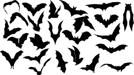 Halloween Black Bat Silhouettes Flying. Vector Hand Drawn Collection Set Isolated On Transparent Background