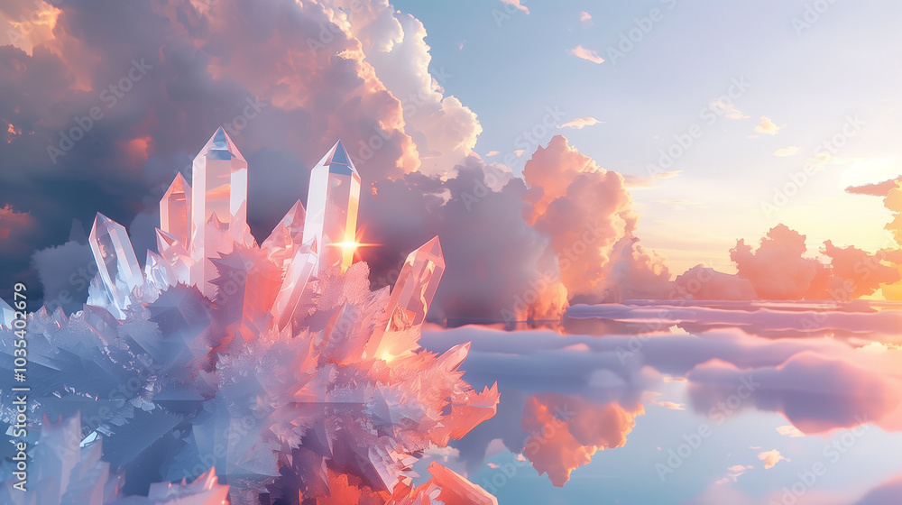 Poster abstract background crystal-like structures floating in a minimalist scene.