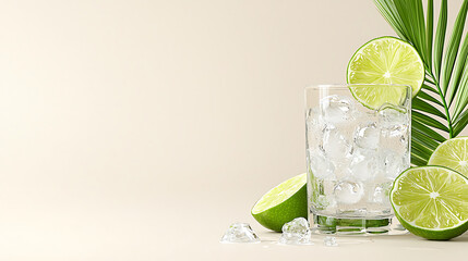 Fototapeta premium Refreshing cocktail with ice and lime slices, surrounded by palm leaves, evokes tropical vibe. Perfect for summer gatherings or relaxing moments