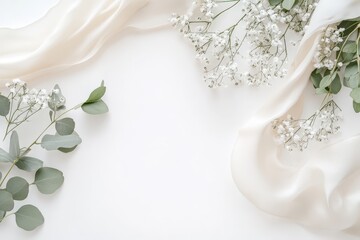 White Flowers, Green Leaves, and White Silk Fabric on a White Background