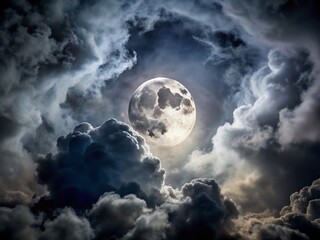 Obraz premium Full Moon Emerging from Dark Clouds - Aerial Night Photography of an Ominous Sky