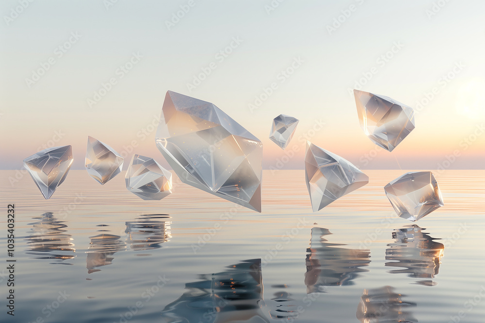 Poster abstract background crystal-like structures floating in a minimalist scene.