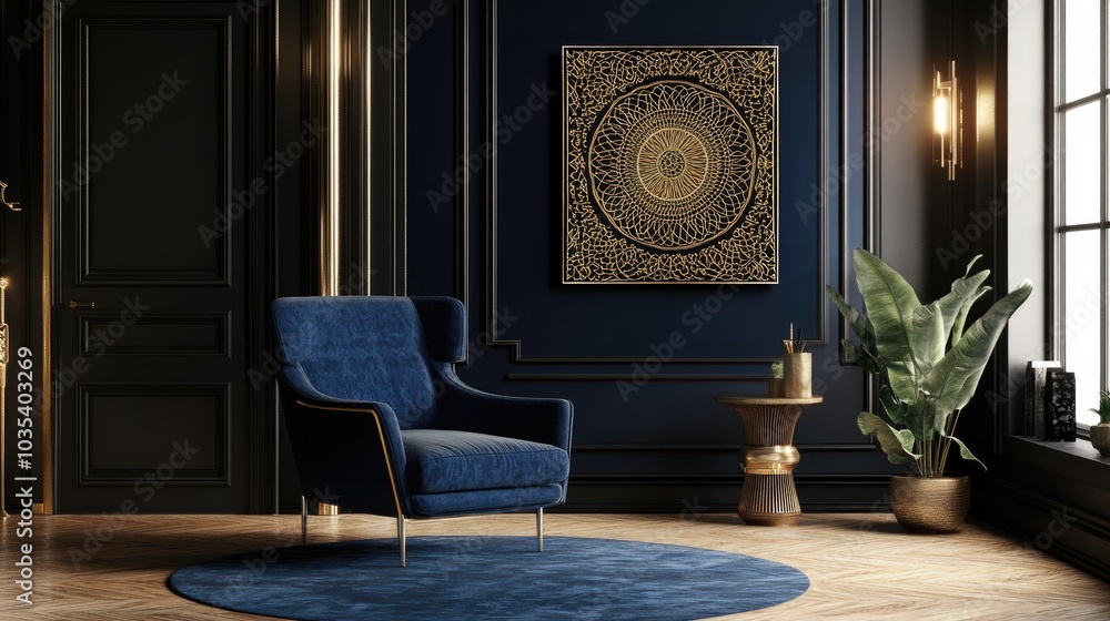 Poster a luxurious canvas print with intricate gold patterns on a deep navy background, perfect for adding 