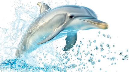 Fototapeta premium dolphin leaps gracefully out of ocean, surrounded by splashes of water, showcasing its playful nature and agility. This vibrant scene captures essence of marine life