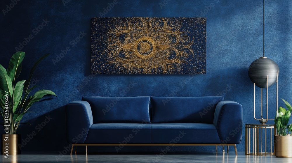 Poster a luxurious canvas print with intricate gold patterns on a deep navy background, perfect for adding 
