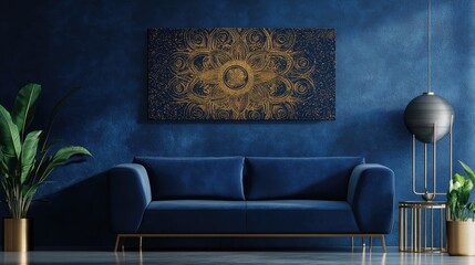 A luxurious canvas print with intricate gold patterns on a deep navy background, perfect for adding elegance and sophistication to home interiors