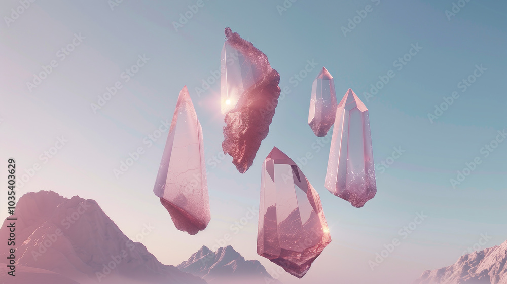 Poster abstract background crystal-like structures floating in a minimalist scene.