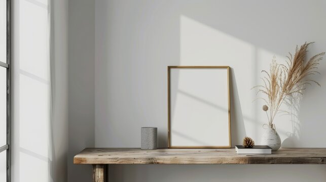 A minimalist home office with white walls and a wooden desk. The main feature is a blank picture frame, complemented by a single