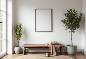 Wooden bench against white wall with poster frame. Ethnic farmhouse interior design of modern entrance hall.