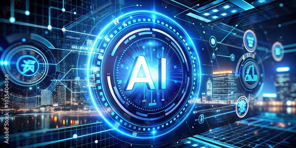 Poster futuristic ai chatbot and machine learning technology in a digital hud design