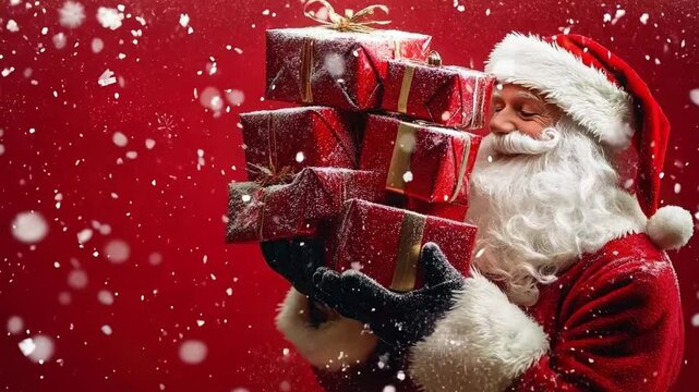 Santa claus stands in front of a vibrant red background, holding christmas presents as snowflakes fall around him, evoking holiday magic and joy