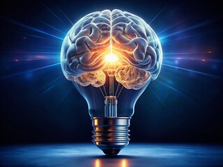Futuristic Brainstorming: Illuminating Ideas with Brain and Light Bulb on Dark Blue Background