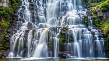 A slow-moving white waterfall cascades down a rocky cliffside, with water droplets suspended in the air, peaceful ambiance, foggy, flowing water