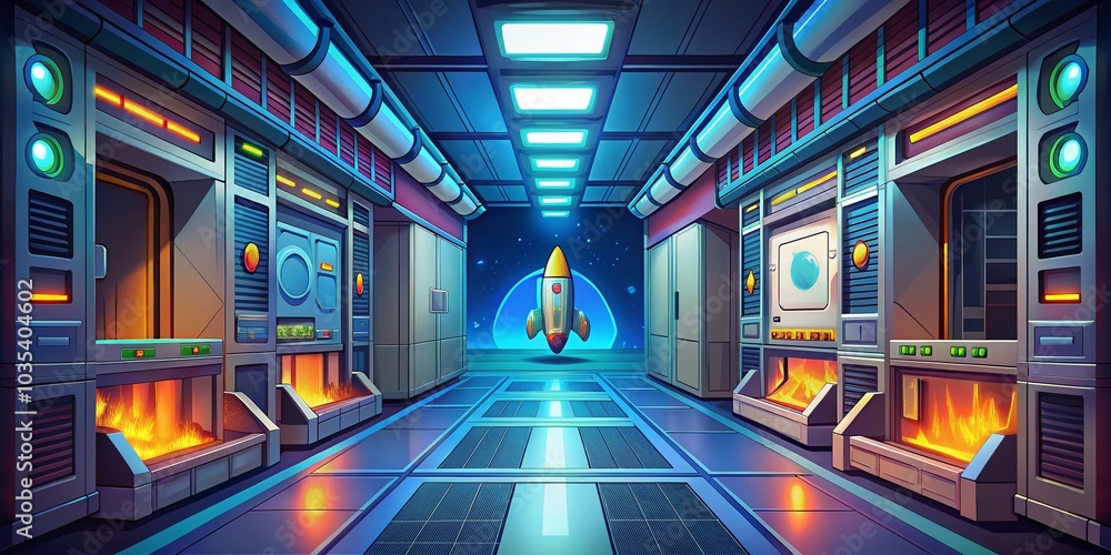 Poster futuristic cartoon corridor in a spaceship datacenter with server racks and control room